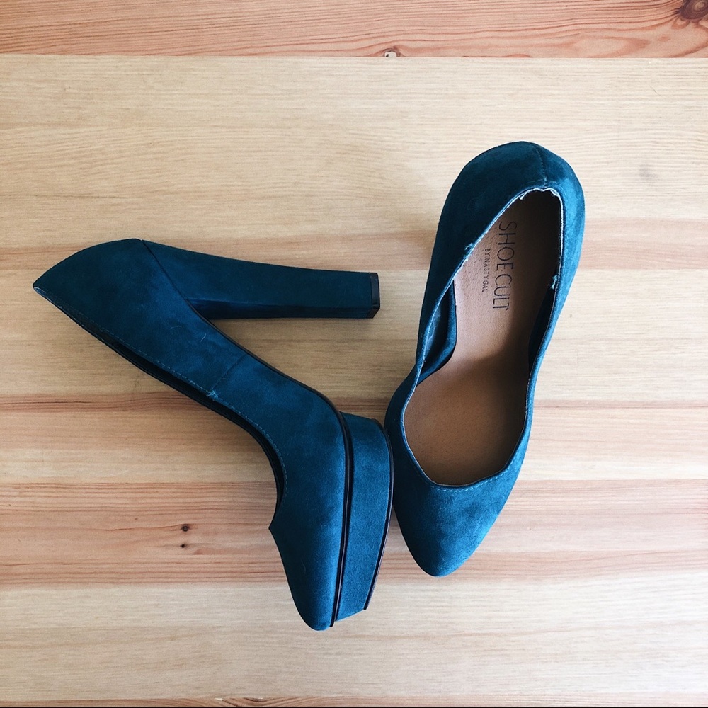 Nasty Gal Teal Suede Platform Pumps.